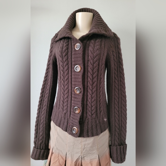 Abercrombie & Fitch Chocolate Cable Knit Cardigan Wool Blend L(Juniors) Small(W) - Picture 3 of 16
